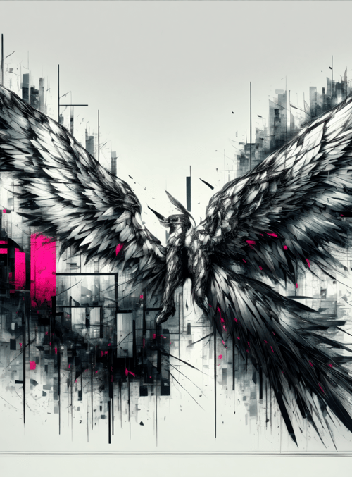 angel, wings, cityscape, abstract, silhouette