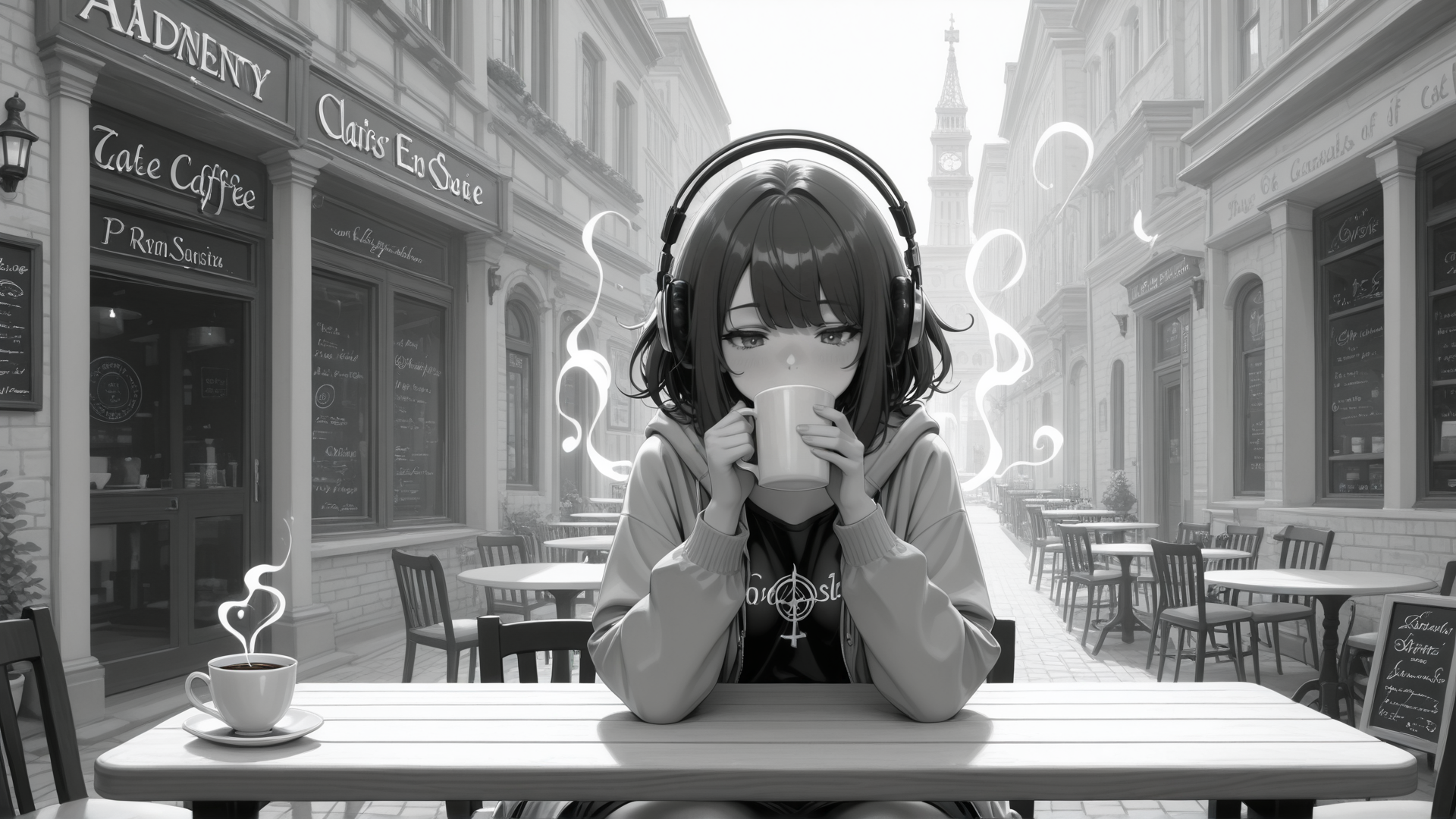 AI generated wallpaper featuring girl, coffee, headphones, street, cafe