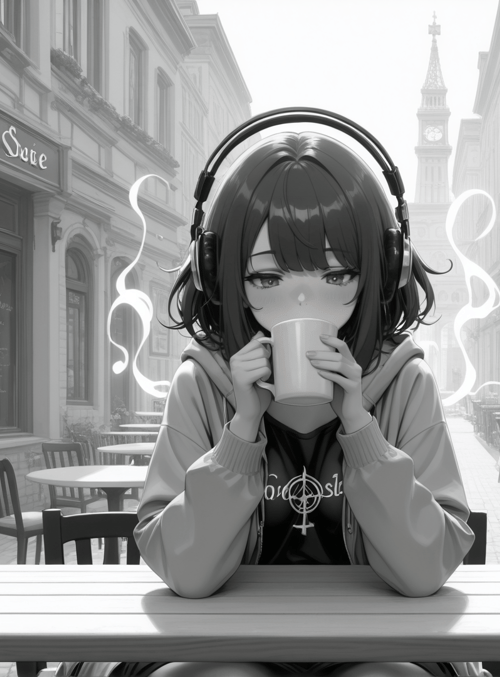 girl, coffee, headphones, street, cafe