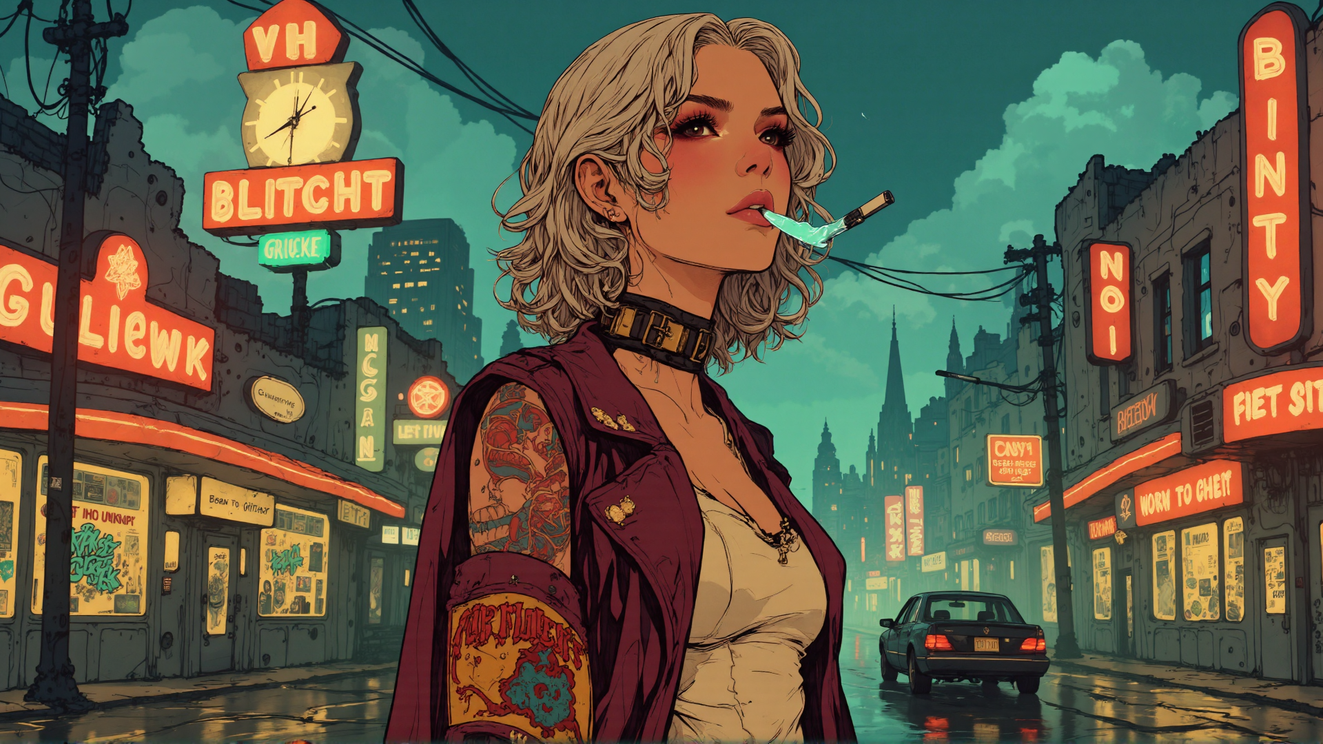 AI generated wallpaper featuring woman, street, signs, tattoo, car