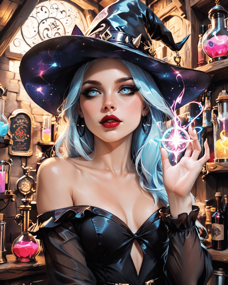 AI generated wallpaper featuring witch, wizard, wizard hat, magic orb, cauldron, bottle, alchemy, laboratory, cabinet, book