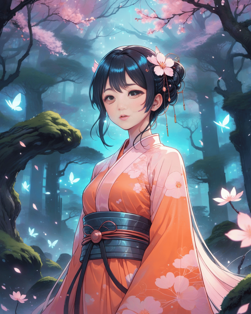 AI generated wallpaper featuring girl, kimono, blossom