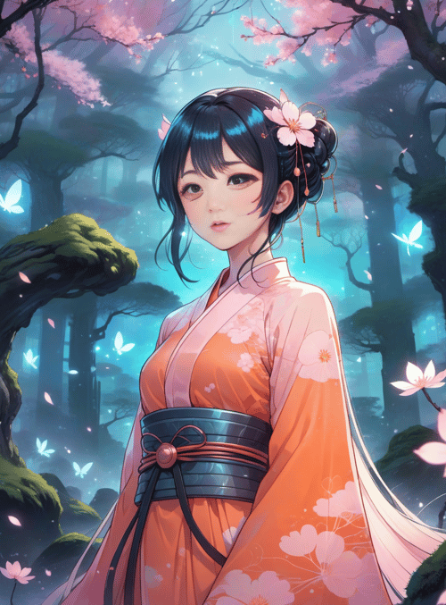 girl, kimono, blossom