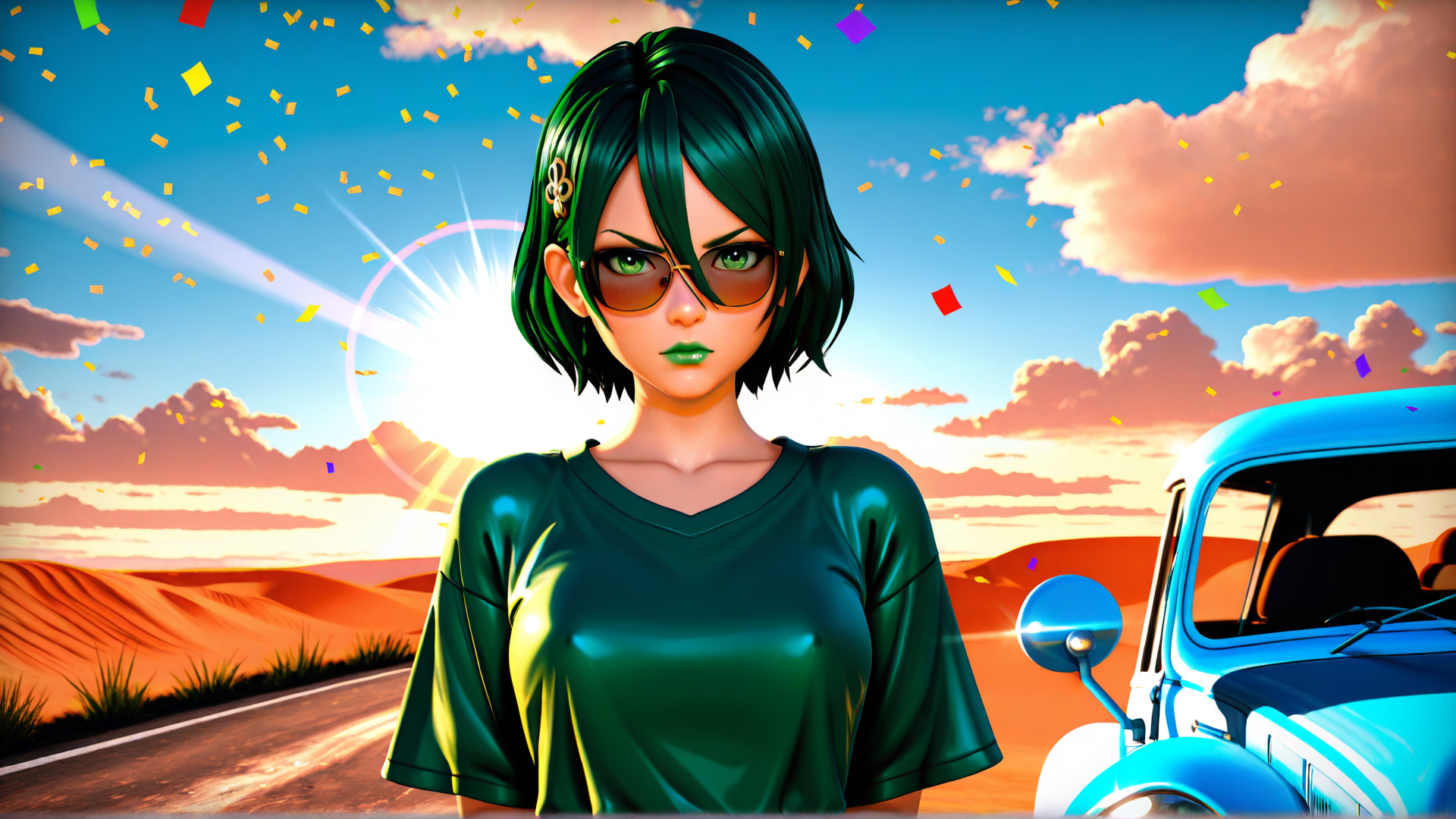 AI generated wallpaper featuring woman, car, confetti, sunset, road