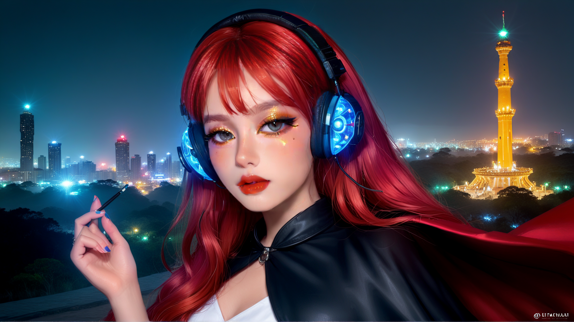 AI generated wallpaper featuring woman, headphones, cityscape