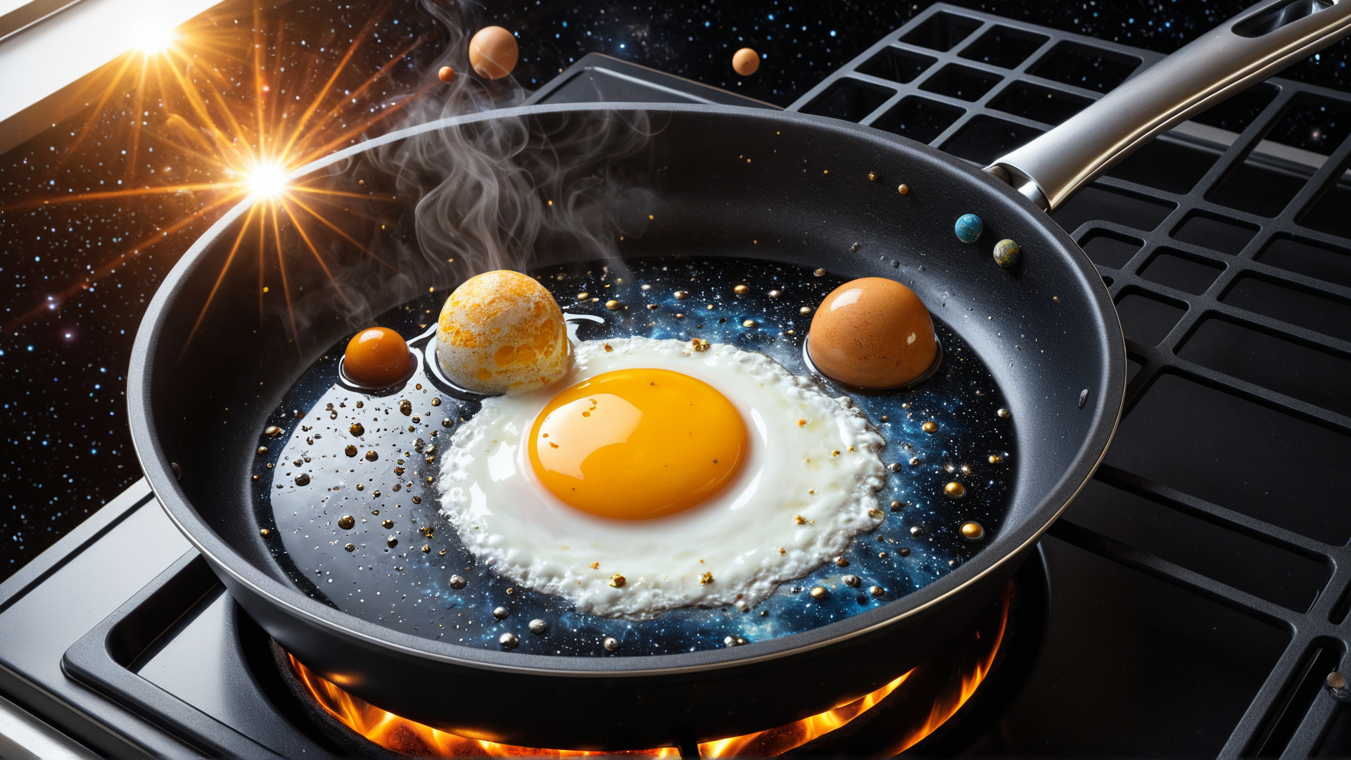 AI generated wallpaper featuring egg, pan, universe