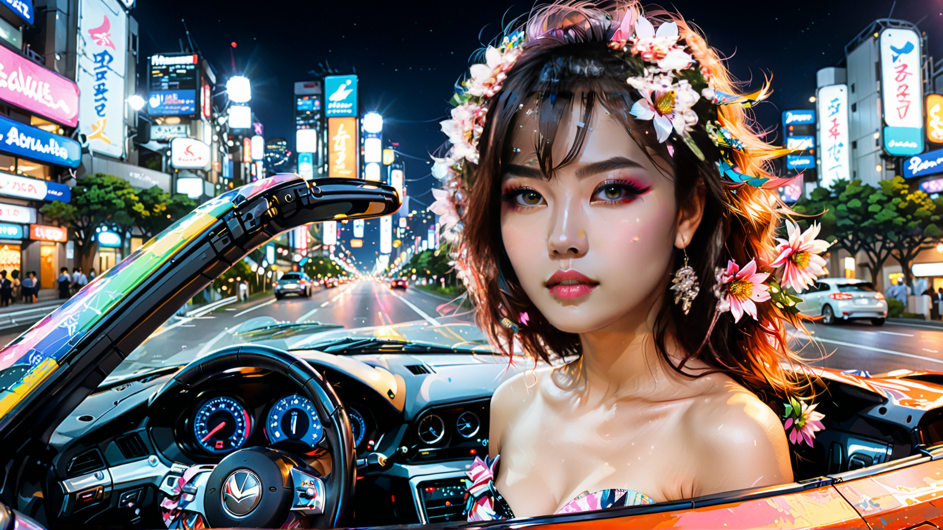 AI generated wallpaper featuring woman, car, city