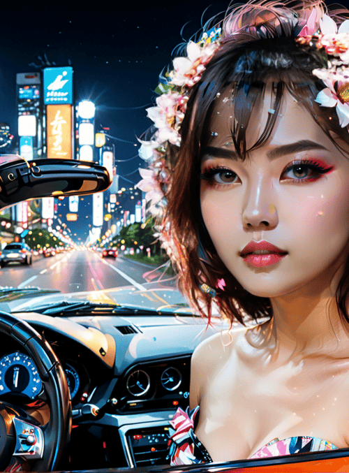 woman, car, city