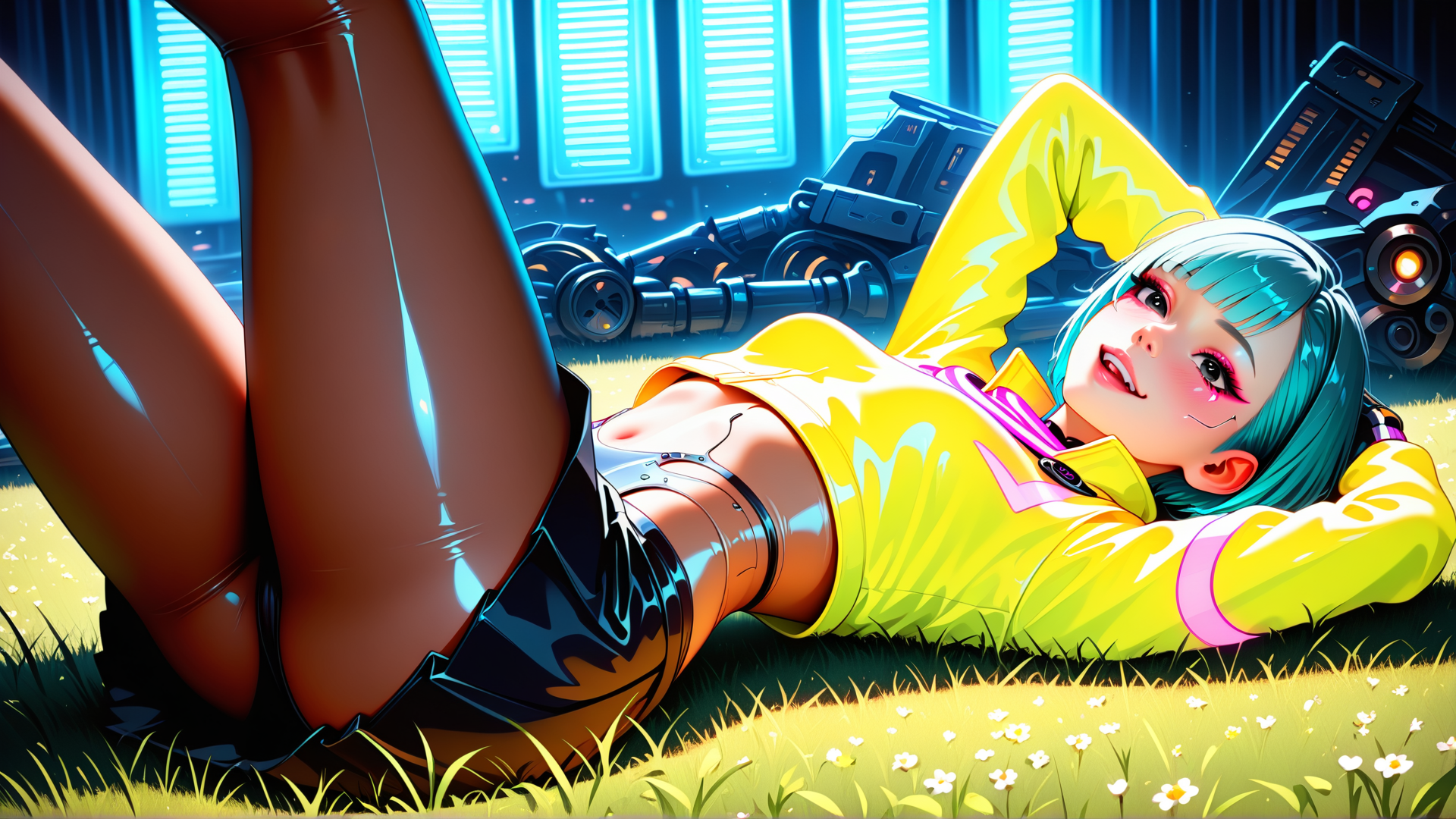 AI generated wallpaper featuring anime girl, grass, mechanical vehicle, yellow jacket, blue hair, black boots, flower, neon, cyberpunk