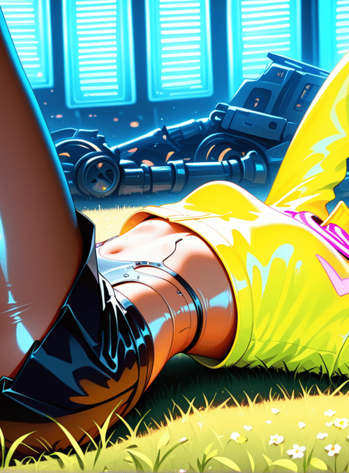 anime girl, grass, mechanical vehicle, yellow jacket, blue hair, black boots, flower, neon, cyberpunk
