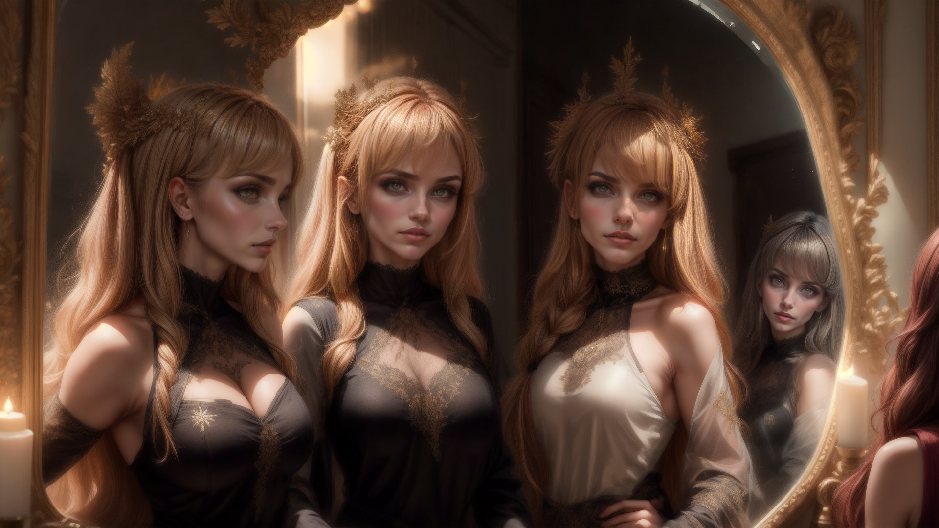 AI generated wallpaper featuring woman, mirror, reflection