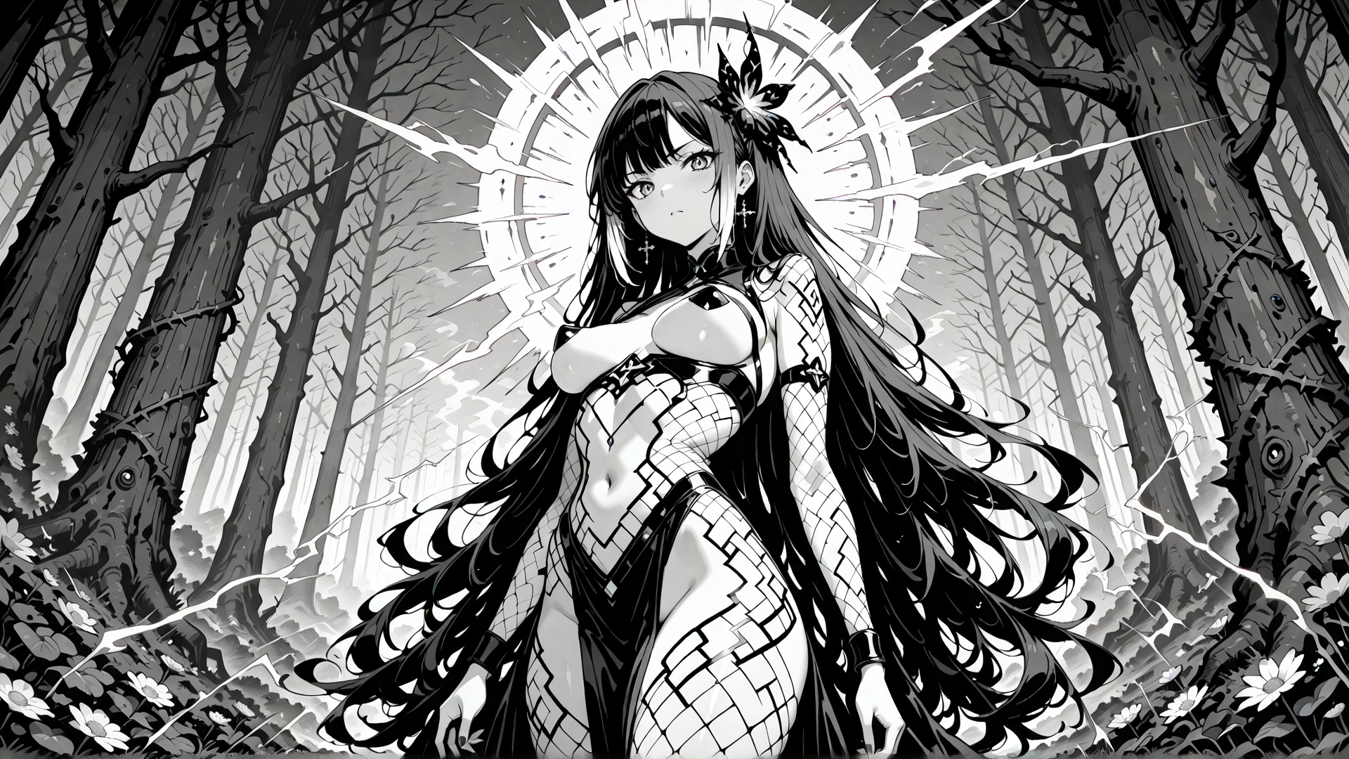 AI generated wallpaper featuring anime girl, forest, butterfly, gear, trees, flowers