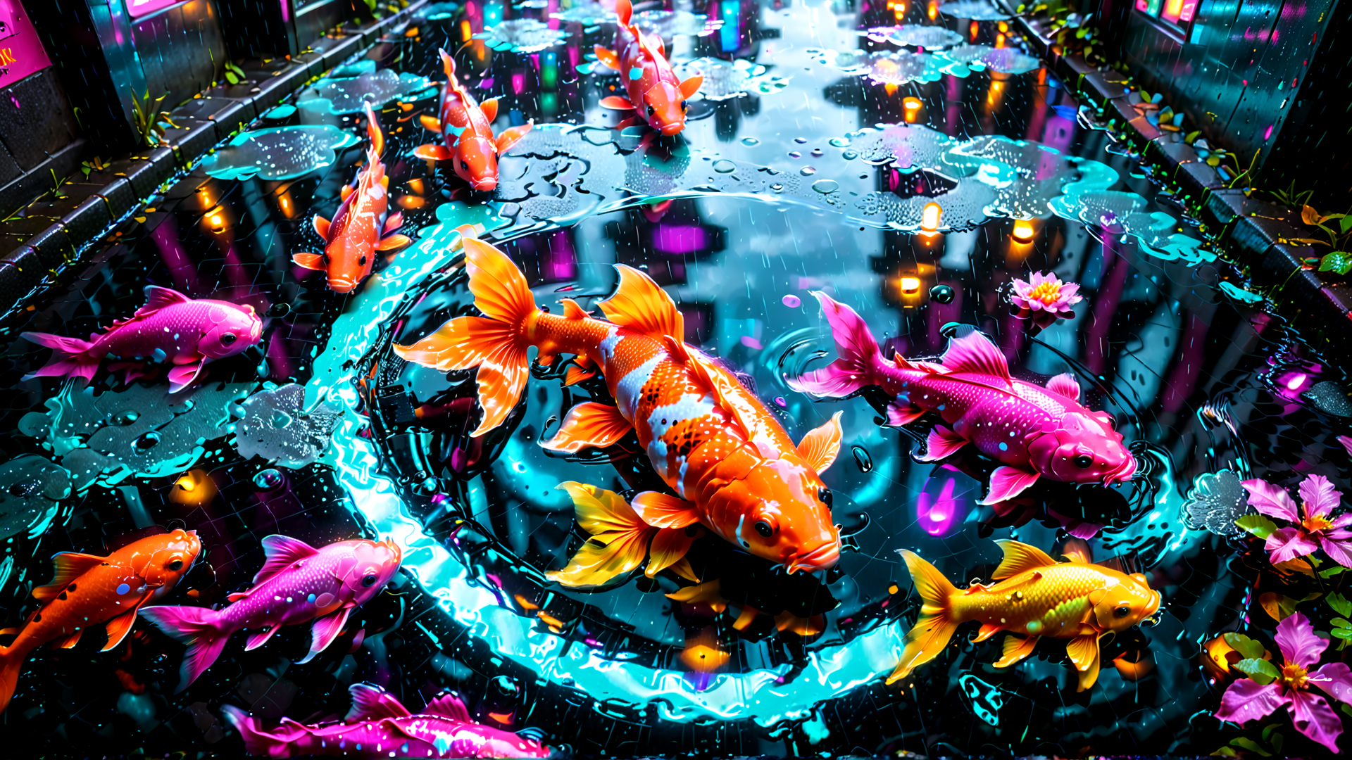 AI generated wallpaper featuring koi fish, water, flowers, raindrops, reflection, cityscape, pool, koi pond, lotus, bubbles