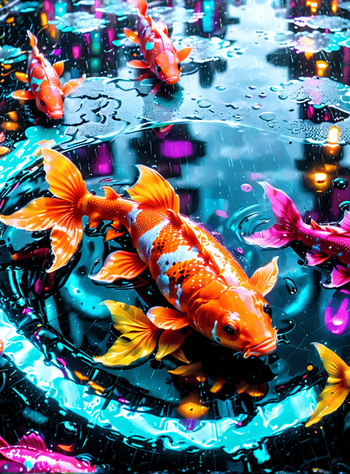 koi fish, water, flowers, raindrops, reflection, cityscape, pool, koi pond, lotus, bubbles