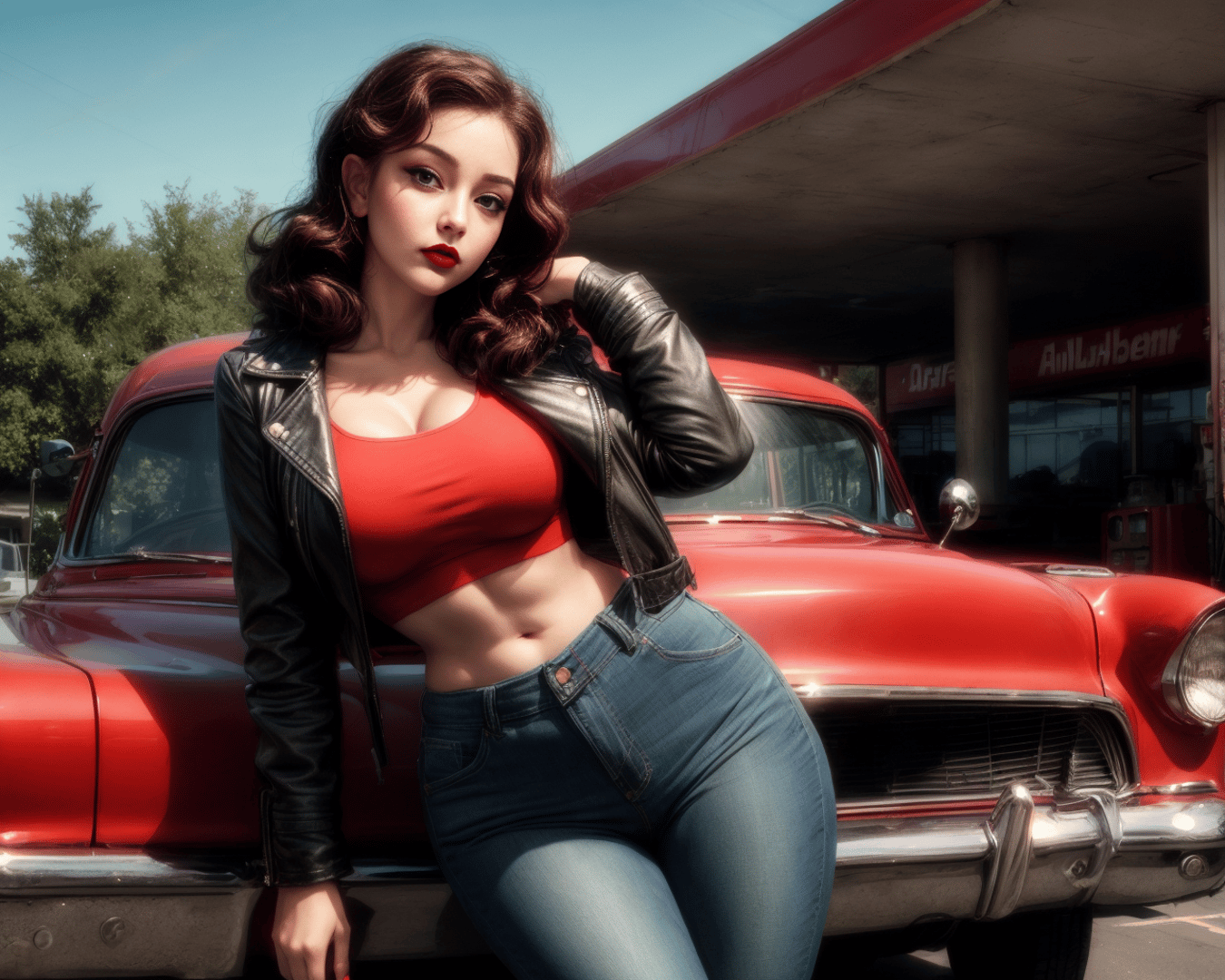 AI generated wallpaper featuring woman, car
