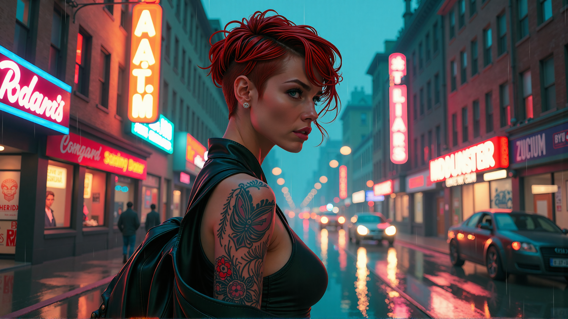AI generated wallpaper featuring woman, tattoo, street, neon, city, car, rain, sign, building, backpack