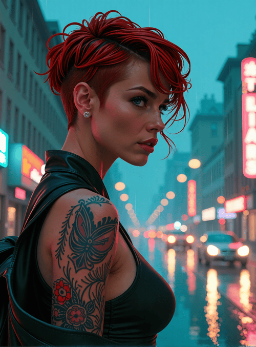 woman, tattoo, street, neon, city, car, rain, sign, building, backpack