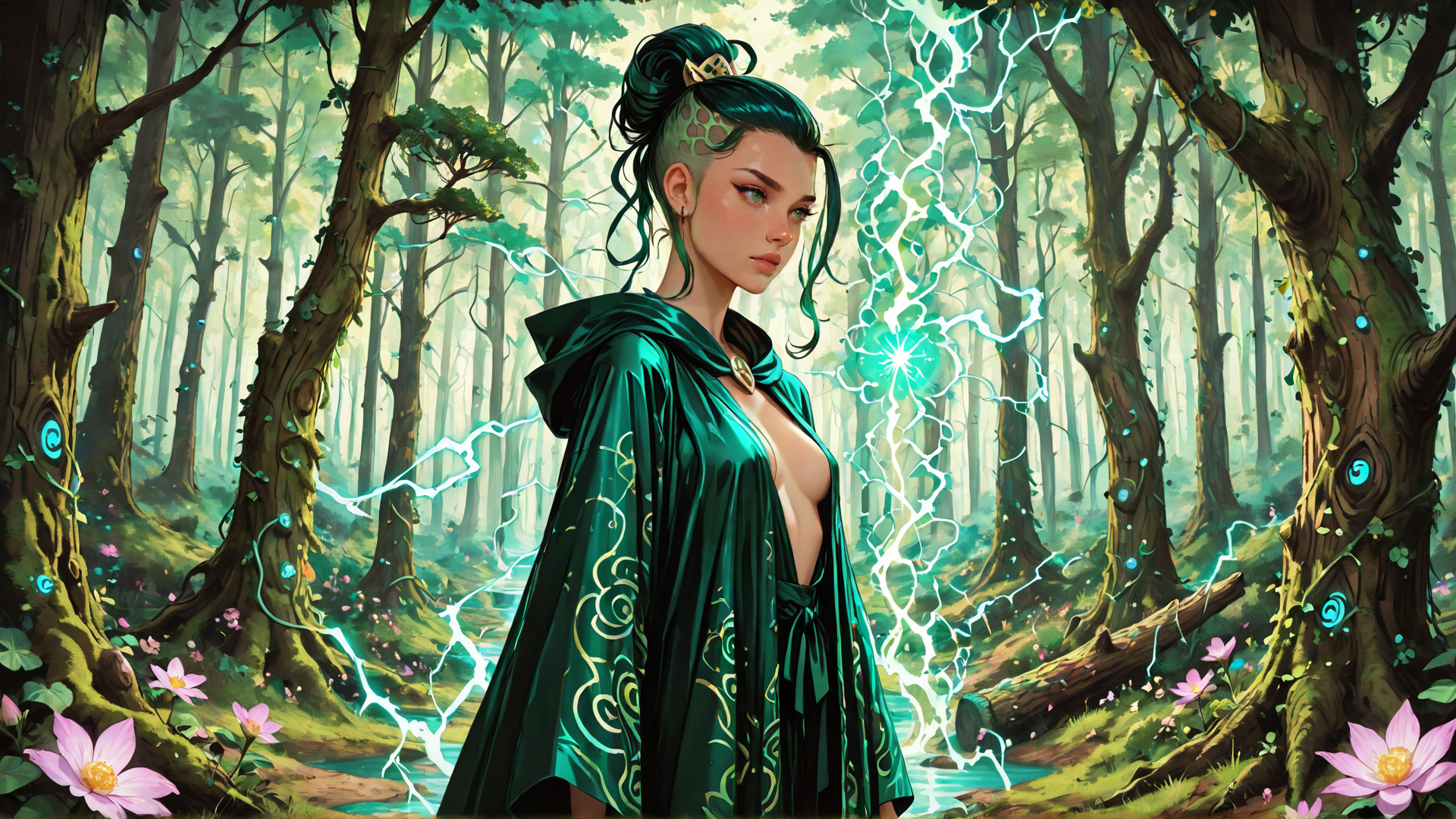 AI generated wallpaper featuring woman, forest, trees, magic, lightning, flowers, cape