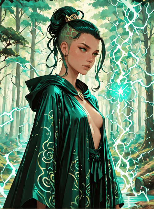woman, forest, trees, magic, lightning, flowers, cape