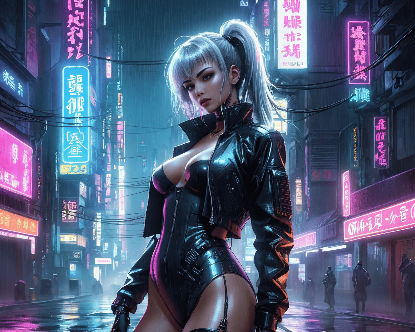 AI generated wallpaper featuring cyberpunk woman, neon city