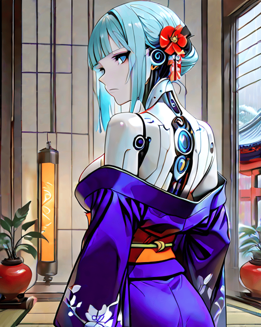 AI generated wallpaper featuring cyborg, woman, kawaii, anime, character, kimono