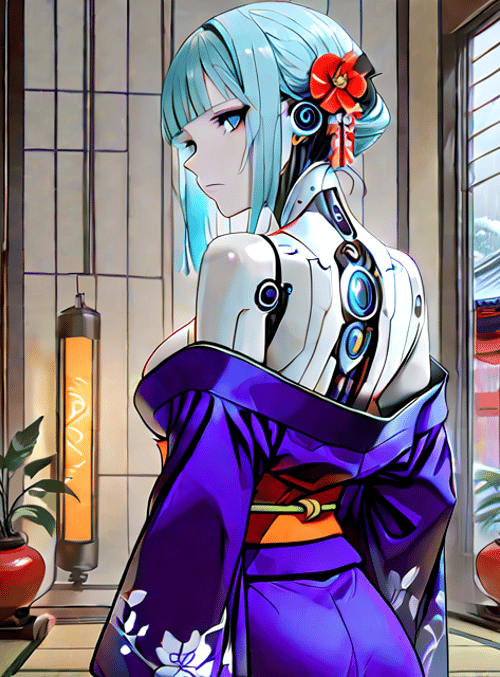 cyborg, woman, kawaii, anime, character, kimono