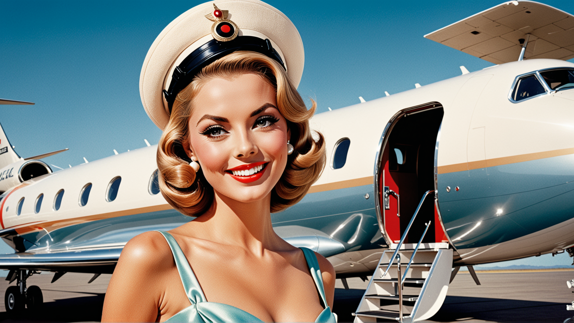 AI generated wallpaper featuring air hostess, airplane, hat, uniform, staircase, aircraft, woman, gloves, earrings, dress