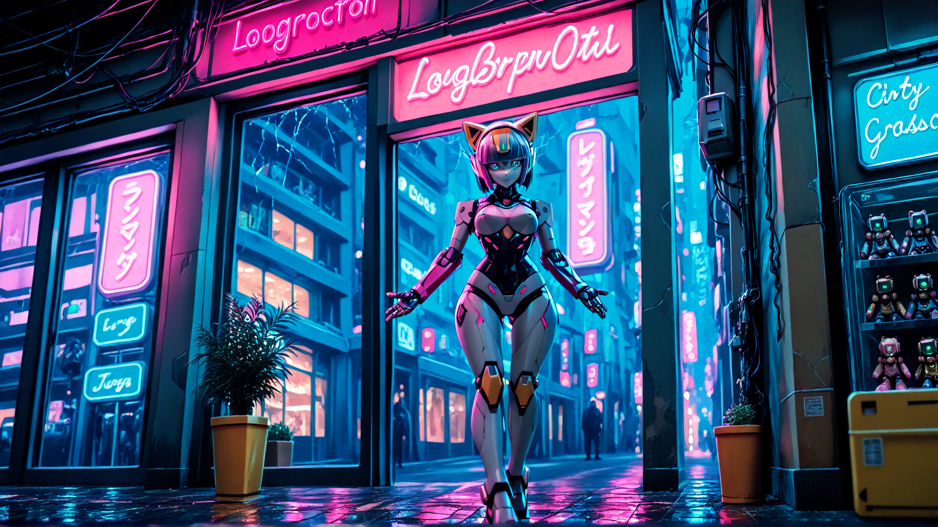 AI generated wallpaper featuring cyborg, cat ears, neon, street, signs