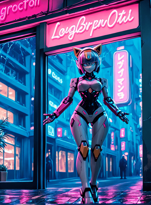 cyborg, cat ears, neon, street, signs
