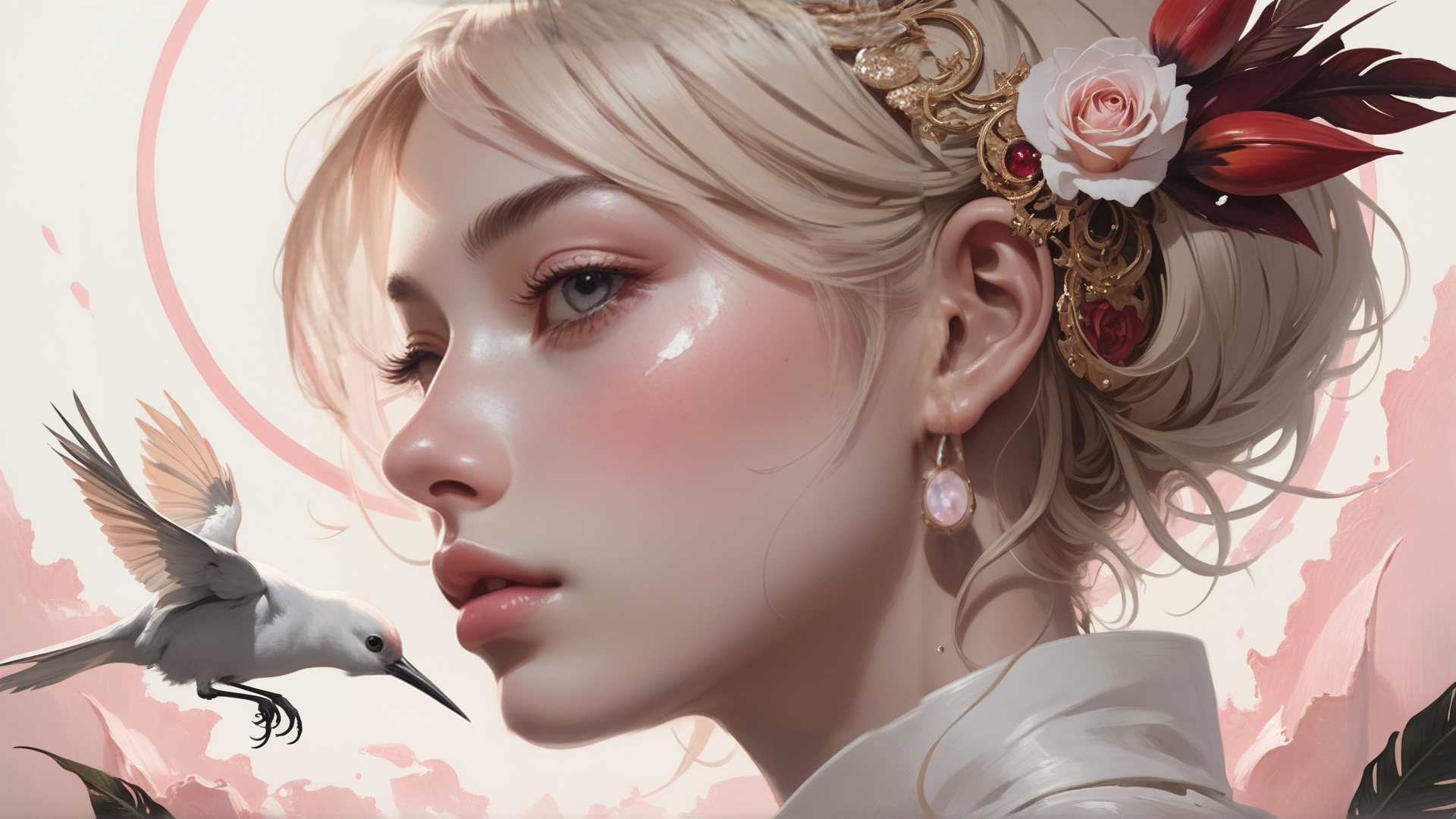 AI generated wallpaper featuring woman, bird, flower
