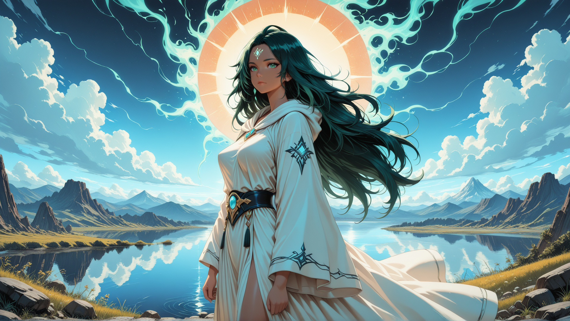 AI generated wallpaper featuring woman, nature, sun, mountain, lake, cloud
