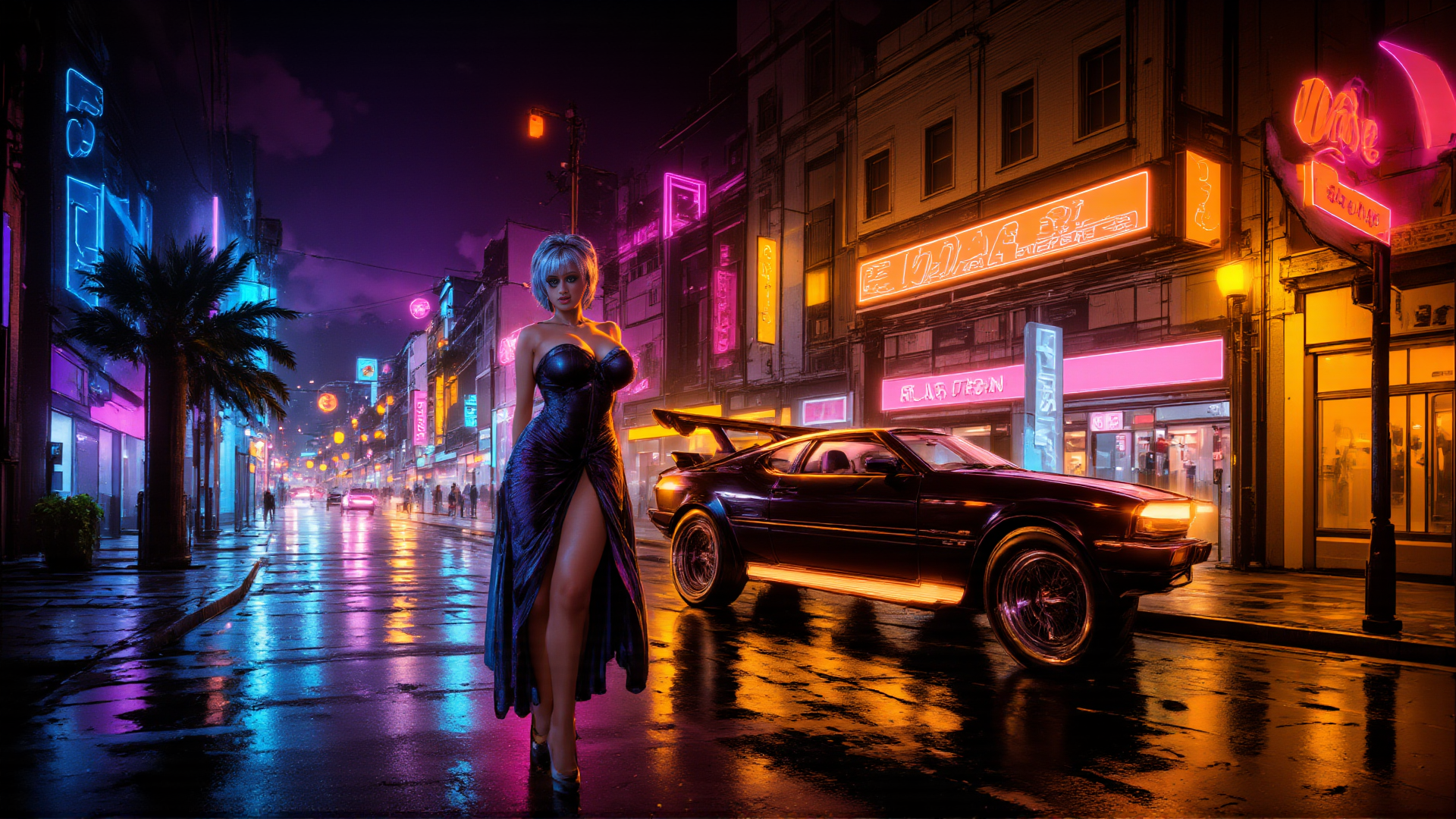 AI generated wallpaper featuring woman, car, street