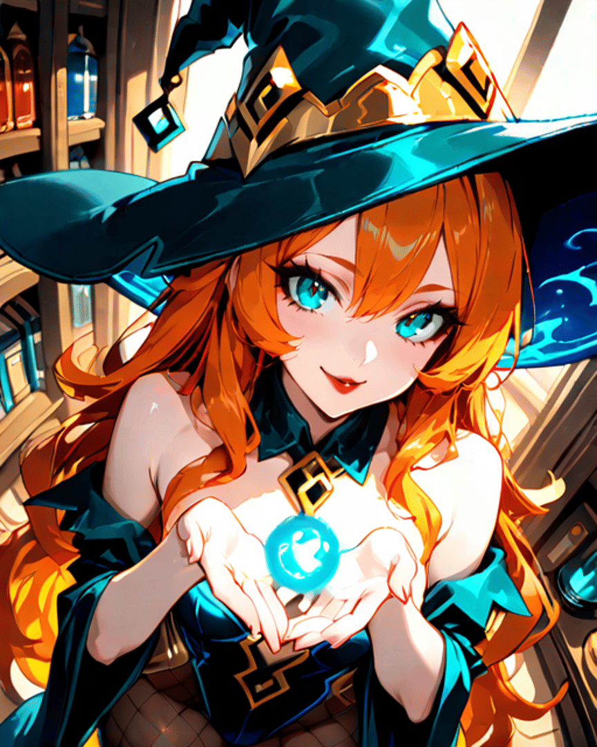 AI generated wallpaper featuring witch, girl, crown, ball, hat, bookshelf, magic