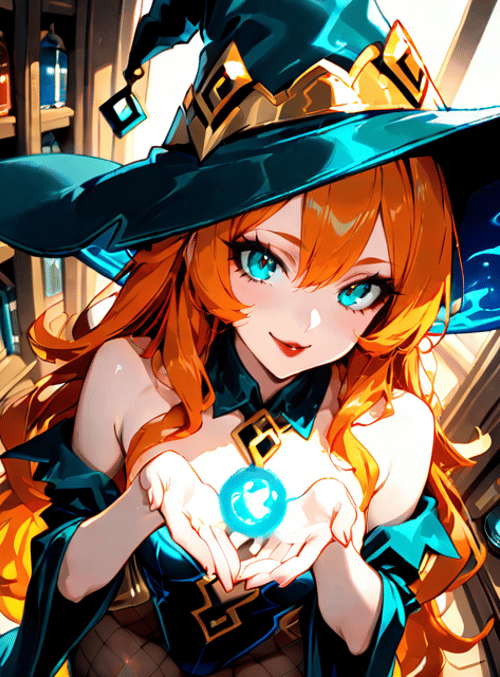 witch, girl, crown, ball, hat, bookshelf, magic