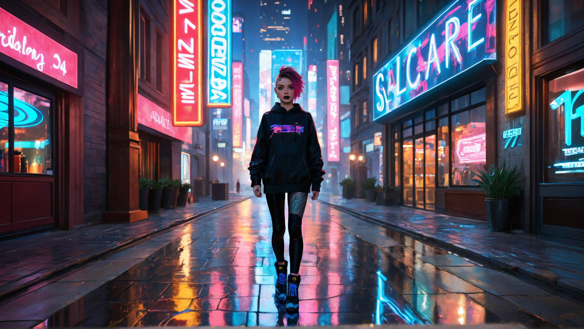 AI generated wallpaper featuring person, neon, city