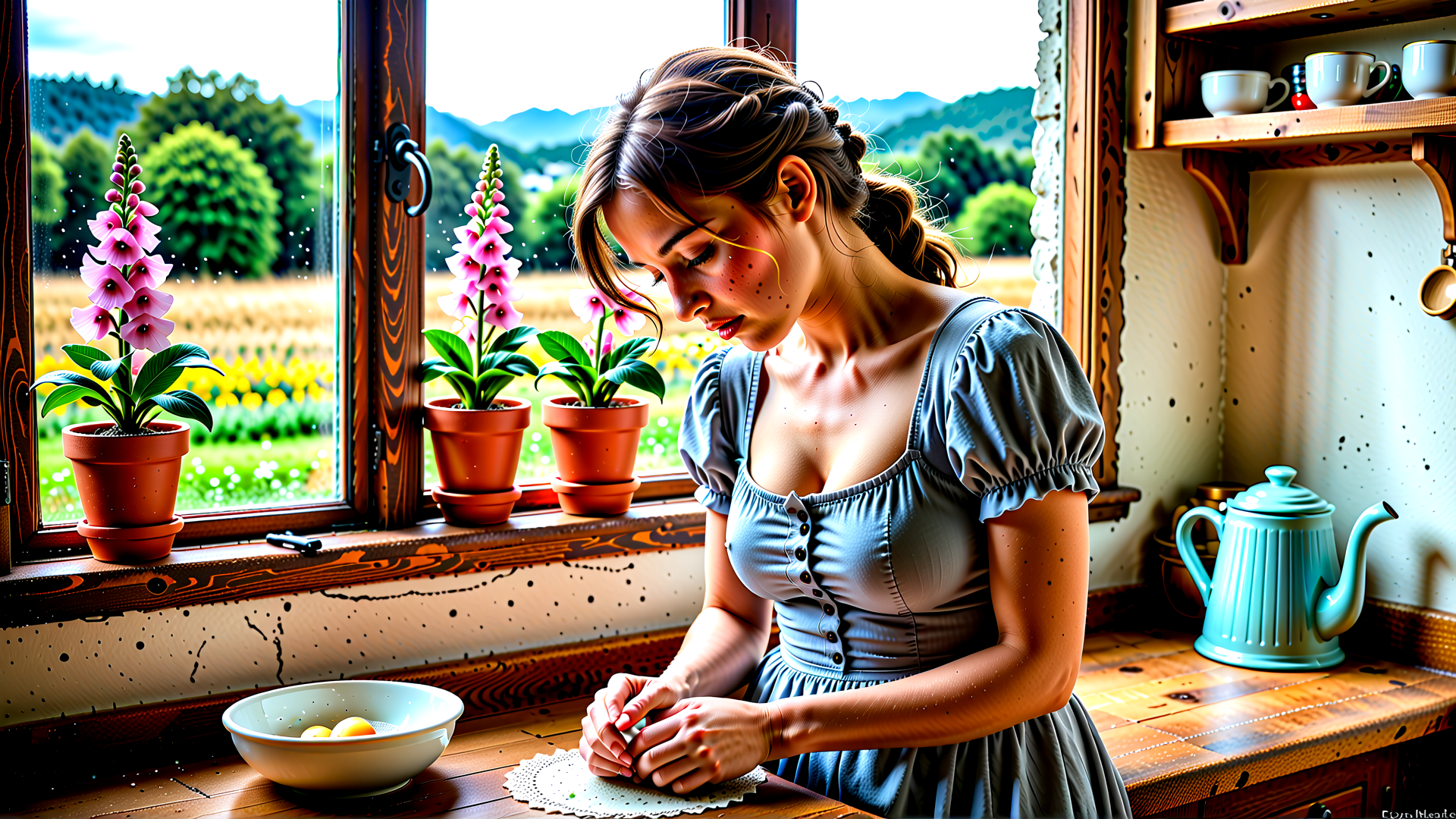 AI generated wallpaper featuring woman, potted plants, window, kitchen, teapot, bowl, eggs