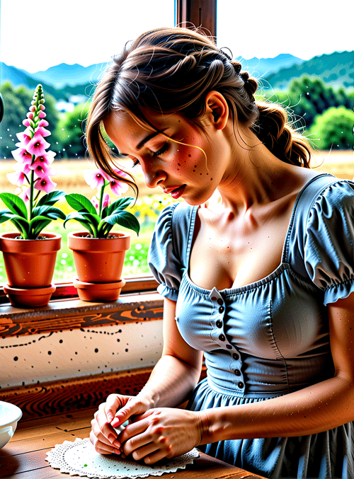 woman, potted plants, window, kitchen, teapot, bowl, eggs