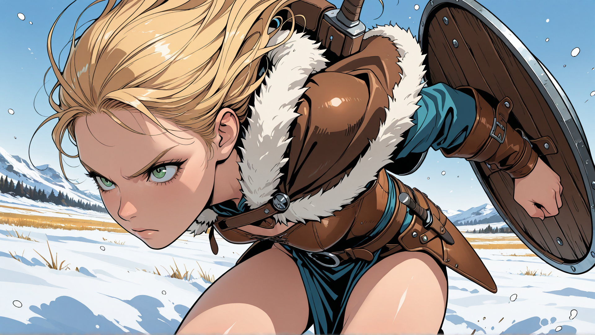 AI generated wallpaper featuring blonde, woman, warrior, shield, armor, swordsman, snow, landscape