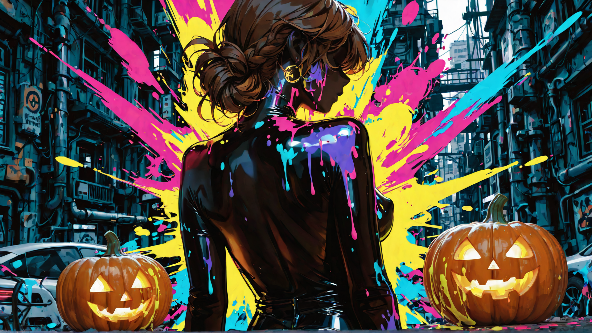 AI generated wallpaper featuring woman, pumpkin, city, splotch, car