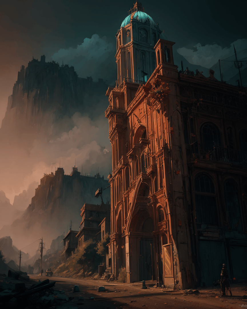 AI generated wallpaper featuring building, cityscape, mountains