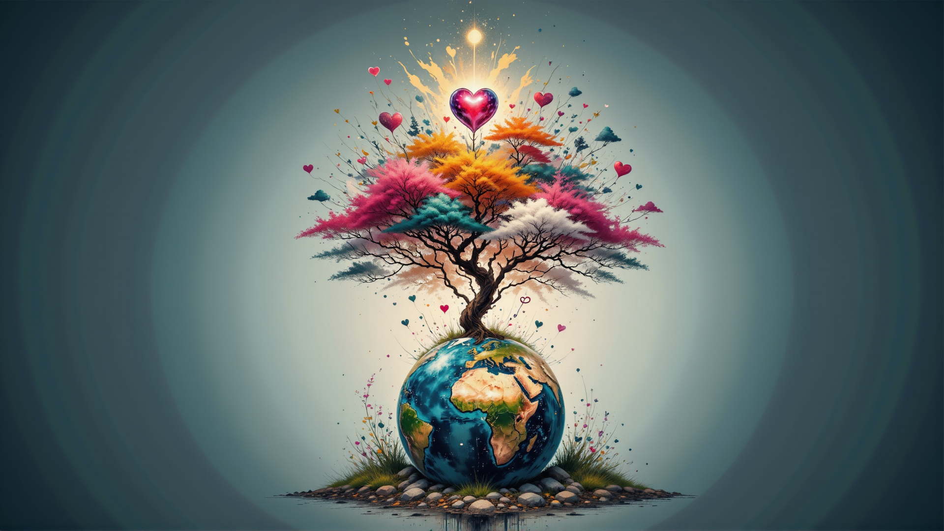 AI generated wallpaper featuring earth, tree, heart, clouds, flowers
