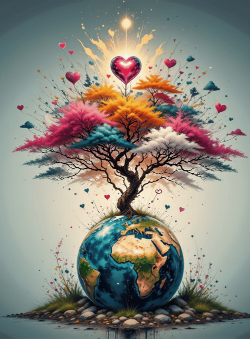 earth, tree, heart, clouds, flowers