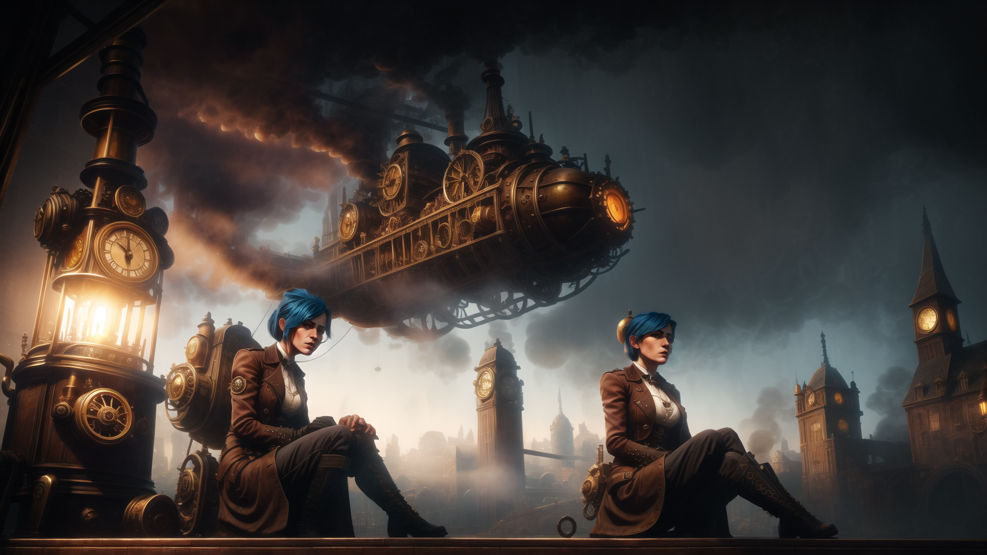 AI generated wallpaper featuring woman, steampunk train, clock tower, lantern, cityscape