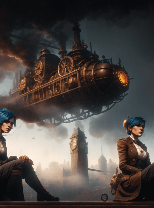 woman, steampunk train, clock tower, lantern, cityscape