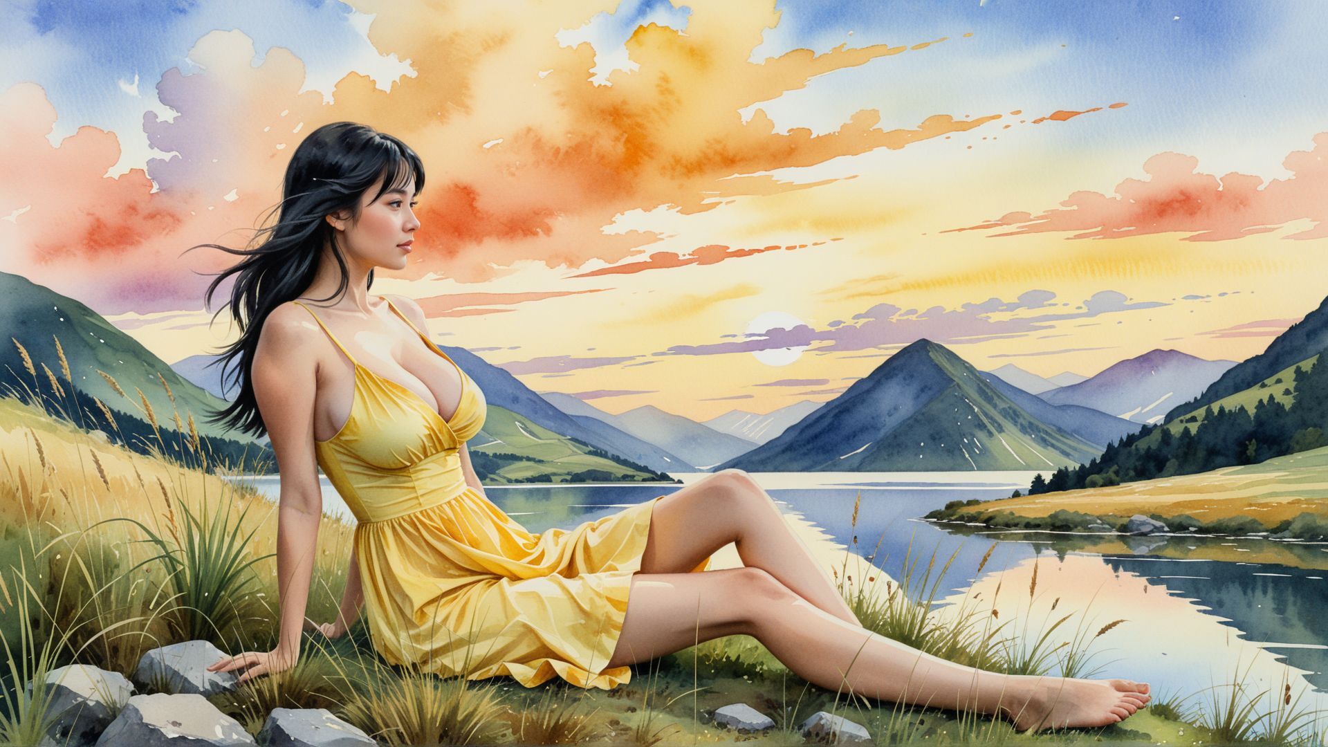 AI generated wallpaper featuring woman, dress, landscape, lake, mountains, grass