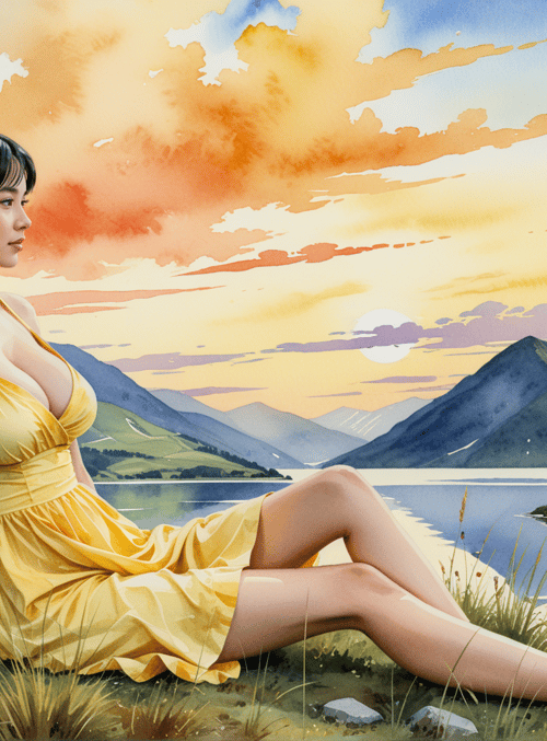 woman, dress, landscape, lake, mountains, grass