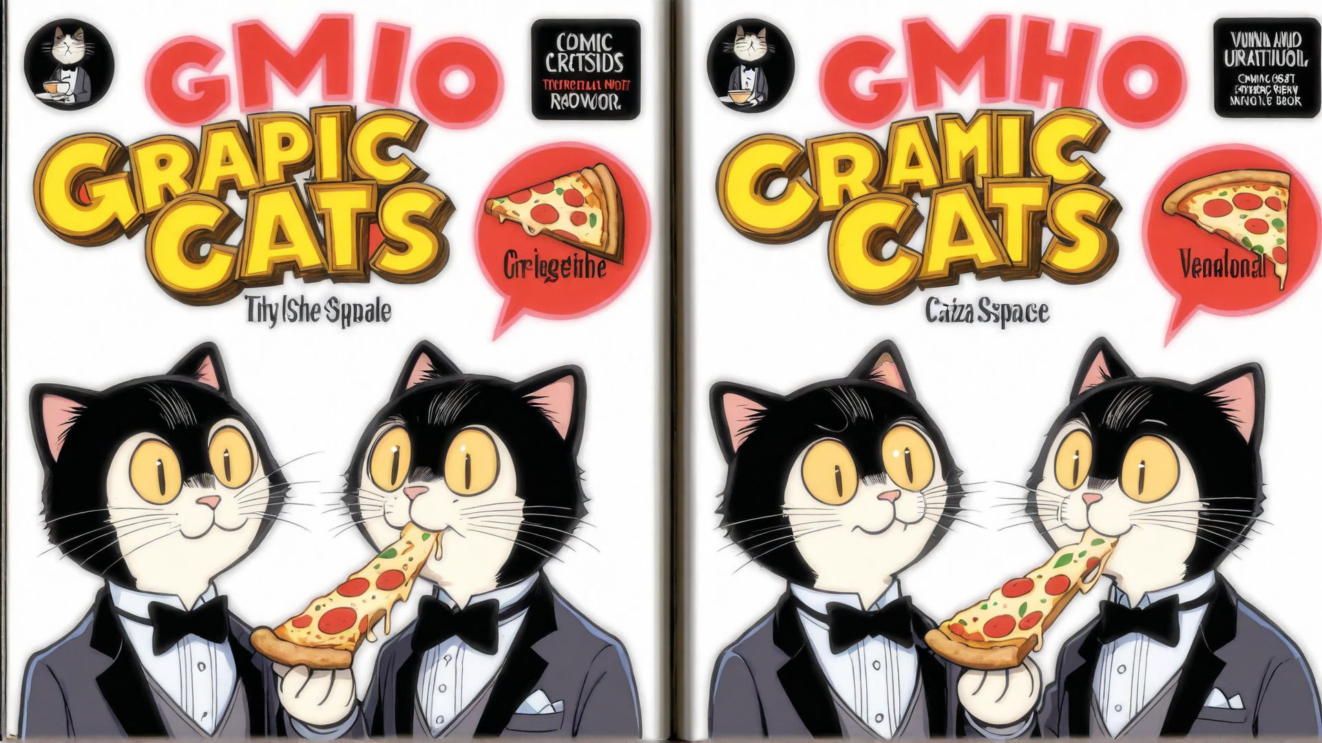 AI generated wallpaper featuring cats, pizza, tuxedo