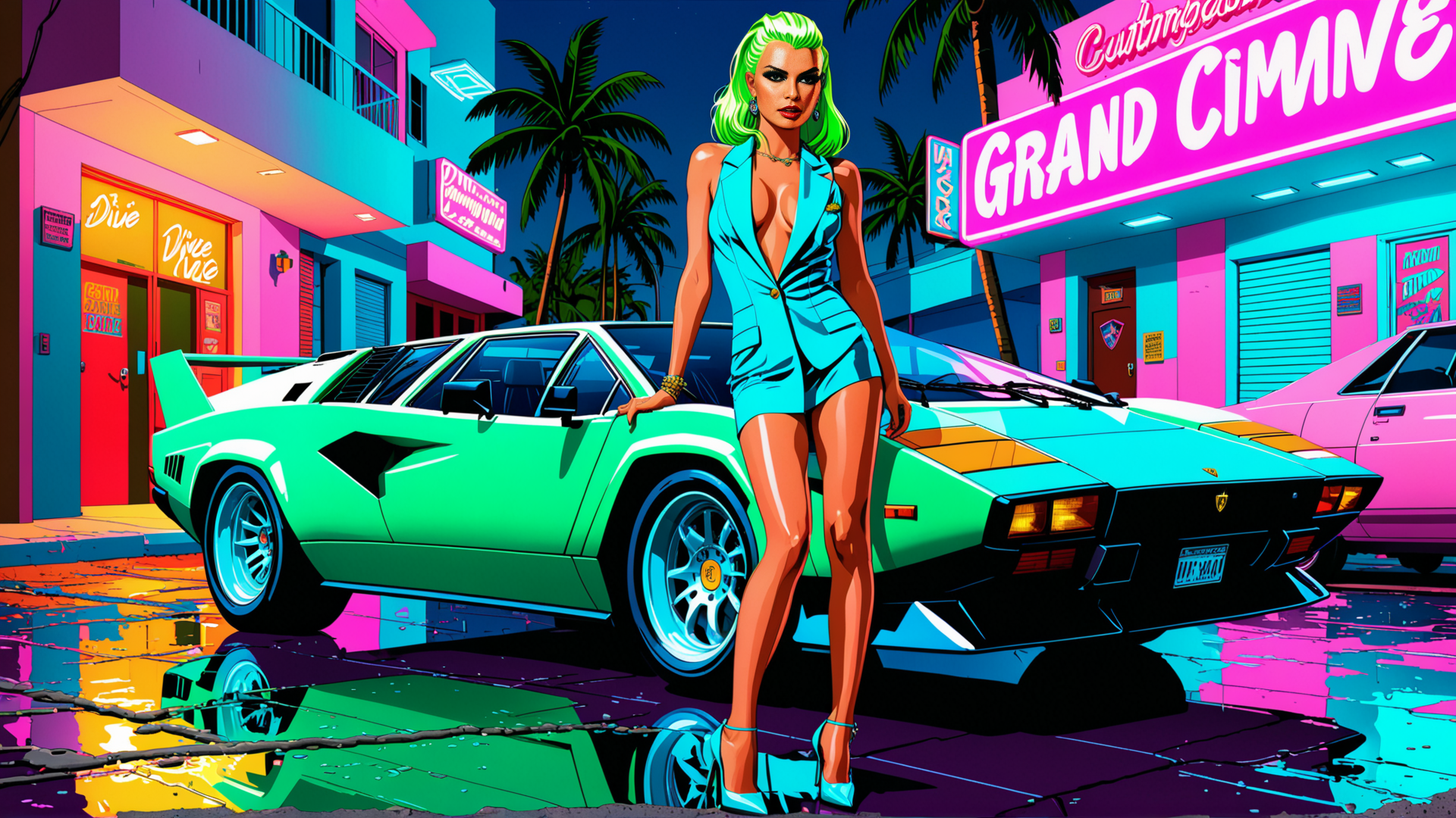 AI generated wallpaper featuring woman, car, city