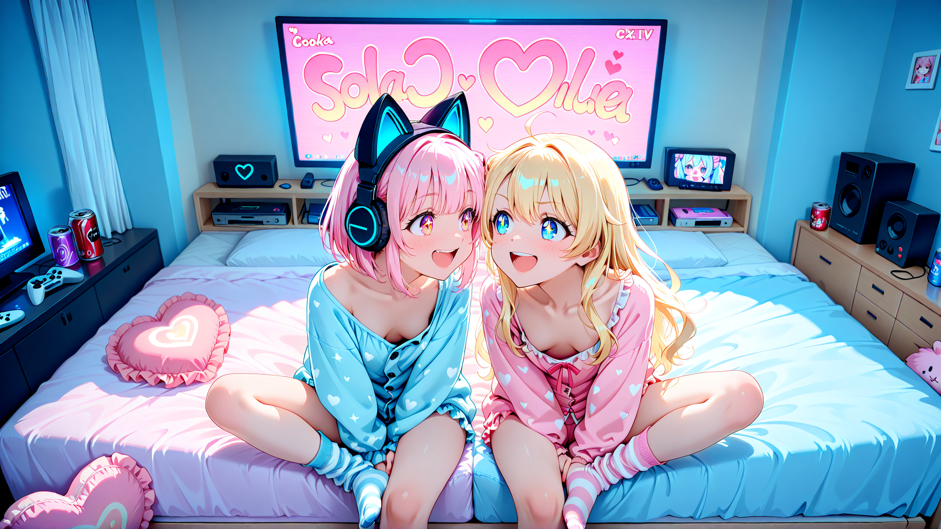 AI generated wallpaper featuring anime girls, bedroom, headphones