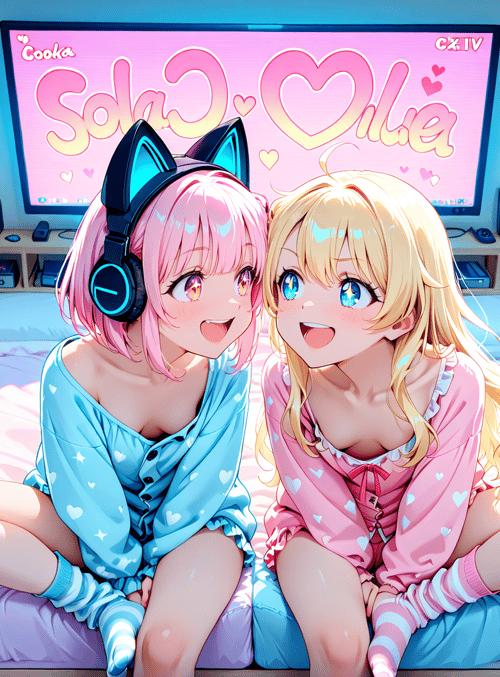 anime girls, bedroom, headphones